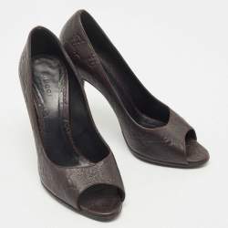 Gucci Brown Leather Guccissima Peep Toe Pumps Size 37.5