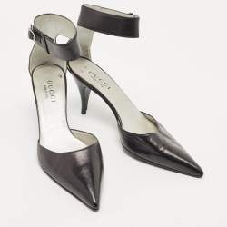Pre Owned Gucci Black Leather Ankle Strap Pumps Size 38.5 