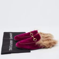 Pre Owned Gucci Purple Velvet and Fur Princetown Flat Mules Size 37.5