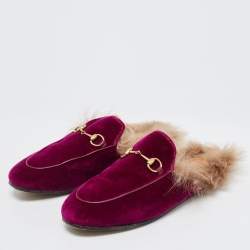 Pre Owned Gucci Purple Velvet and Fur Princetown Flat Mules Size 37.5