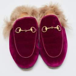 Pre Owned Gucci Purple Velvet and Fur Princetown Flat Mules Size 37.5