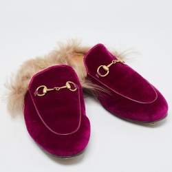 Pre Owned Gucci Purple Velvet and Fur Princetown Flat Mules Size 37.5