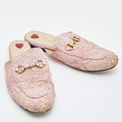 Pre Owned Gucci Pink Floral Lace and Leather Princetown Flat Mule Size 37.5