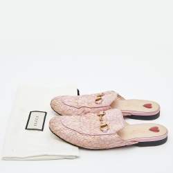 Pre Owned Gucci Pink Floral Lace and Leather Princetown Flat Mule Size 37.5