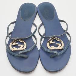 Pre Owned Gucci Blue Leather GG Cage Flat Thong Sandals Size 37