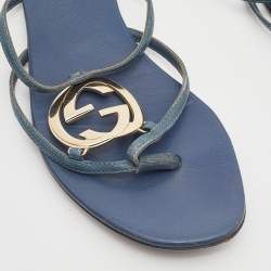 Pre Owned Gucci Blue Leather GG Cage Flat Thong Sandals Size 37