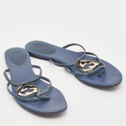 Pre Owned Gucci Blue Leather GG Cage Flat Thong Sandals Size 37