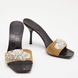مملوكة مسبقًا Gucci Brown Fabric Embellished Slide Sandals Size 38