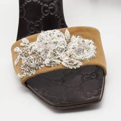 مملوكة مسبقًا Gucci Brown Fabric Embellished Slide Sandals Size 38