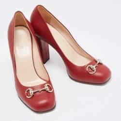 Gucci Burgundy Leather Horsebit Square Toe Pumps Size 38