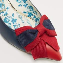 Pre Owned Gucci Navy Blue/Red Leather Jane Bow Slingback Pumps Size 40