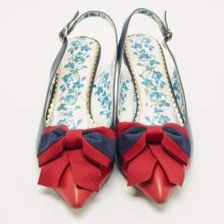Pre Owned Gucci Navy Blue/Red Leather Jane Bow Slingback Pumps Size 40