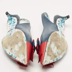 Pre Owned Gucci Navy Blue/Red Leather Jane Bow Slingback Pumps Size 40