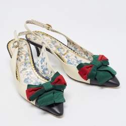 Gucci Cream/Black Leather Web Bow Jane Slingback Pumps Size 37.5