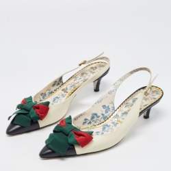 Gucci Cream/Black Leather Web Bow Jane Slingback Pumps Size 37.5