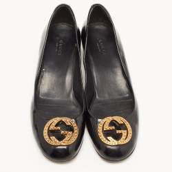 Pre Owned Gucci Black Patent Leather Studded Interlocking G Pumps Size 38