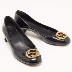 Pre Owned Gucci Black Patent Leather Studded Interlocking G Pumps Size 38