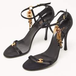 Gucci Black Satin Charms Embellished Ankle Strap Sandals Size 39.5