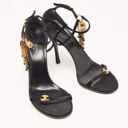 Gucci Black Satin Charms Embellished Ankle Strap Sandals Size 39.5
