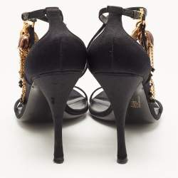 Gucci Black Satin Charms Embellished Ankle Strap Sandals Size 39.5