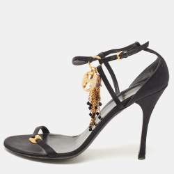 Gucci Black Satin Charms Embellished Ankle Strap Sandals Size 39.5