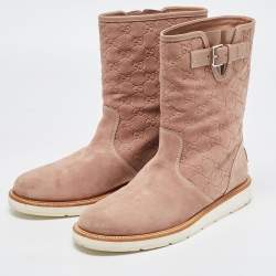 Pre Owned Gucci Beige Guccissima Suede Quercy Midcalf Boots Size 40.5