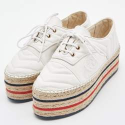 Pre Owned Gucci White Matelassé Leather Lace-Up Platform Espadrilles Size 38.5