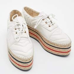 Pre Owned Gucci White Matelassé Leather Lace-Up Platform Espadrilles Size 38.5