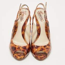 Pre Owned Gucci Two-Tone Animal Print Patent Leather Peep Toe Slingback Pumps Size 37.5