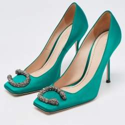 مملوكة مسبقًا Gucci Green Satin Embellished Dionysus Pumps Size 37.5