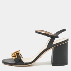 Gucci Black Leather GG Marmont Block Heel Ankle Strap Sandals Size 38