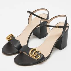 Gucci Black Leather GG Marmont Block Heel Ankle Strap Sandals Size 38