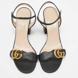 Gucci Black Leather GG Marmont Block Heel Ankle Strap Sandals Size 38