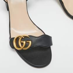 Gucci Black Leather GG Marmont Block Heel Ankle Strap Sandals Size 38
