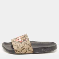 Gucci Beige Coated Canvas GG Supreme Angry Cat Slide Flats Size 39