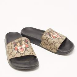 Gucci Beige Coated Canvas GG Supreme Angry Cat Slide Flats Size 39