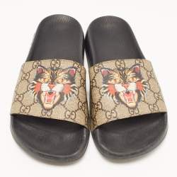 Gucci Beige Coated Canvas GG Supreme Angry Cat Slide Flats Size 39