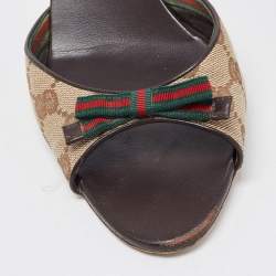 Gucci Beige/Brown GG Canvas Web Bow Slide Sandals Size 40.5
