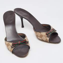 Gucci Beige/Brown GG Canvas Web Bow Slide Sandals Size 40.5