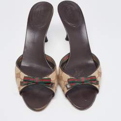 Gucci Beige/Brown GG Canvas Web Bow Slide Sandals Size 40.5