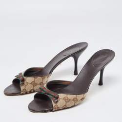 Gucci Beige/Brown GG Canvas Web Bow Slide Sandals Size 40.5