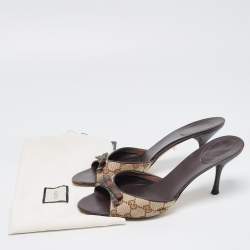 Gucci Beige/Brown GG Canvas Web Bow Slide Sandals Size 40.5