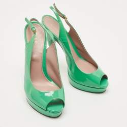 Pre Owned Gucci Green Patent Leather Peep Toe Platform Slingback Pumps Size 38
