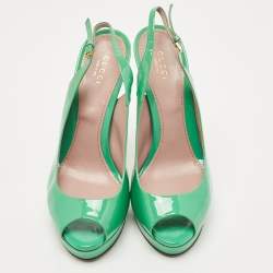 Pre Owned Gucci Green Patent Leather Peep Toe Platform Slingback Pumps Size 38