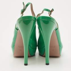 Pre Owned Gucci Green Patent Leather Peep Toe Platform Slingback Pumps Size 38