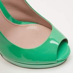 Pre Owned Gucci Green Patent Leather Peep Toe Platform Slingback Pumps Size 38