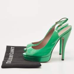 Pre Owned Gucci Green Patent Leather Peep Toe Platform Slingback Pumps Size 38