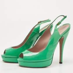 Pre Owned Gucci Green Patent Leather Peep Toe Platform Slingback Pumps Size 38