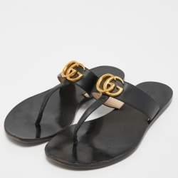 Gucci Black Leather GG Marmont Thong Flats Size 37.5