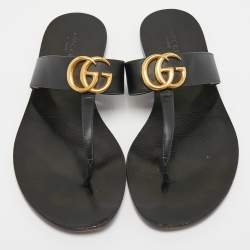Gucci Black Leather GG Marmont Thong Flats Size 37.5